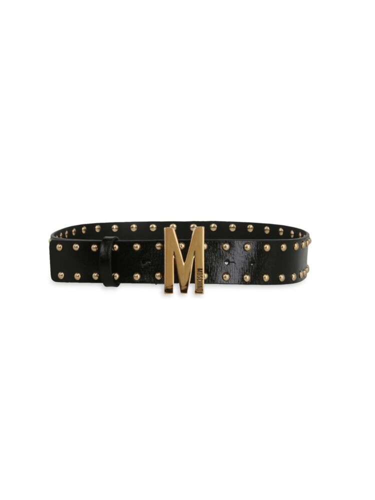

Кожаный ремень с пряжкой M и заклепками Moschino, черный