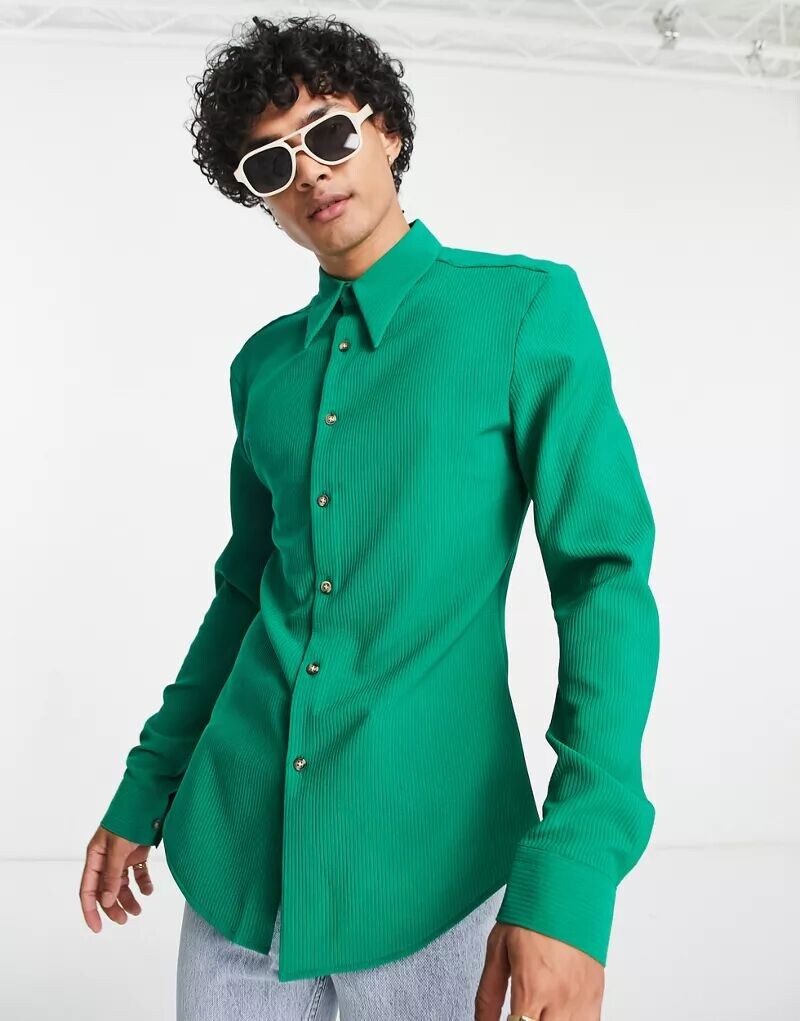 

Ярко-зеленая рубашка скинни в рубчик ASOS