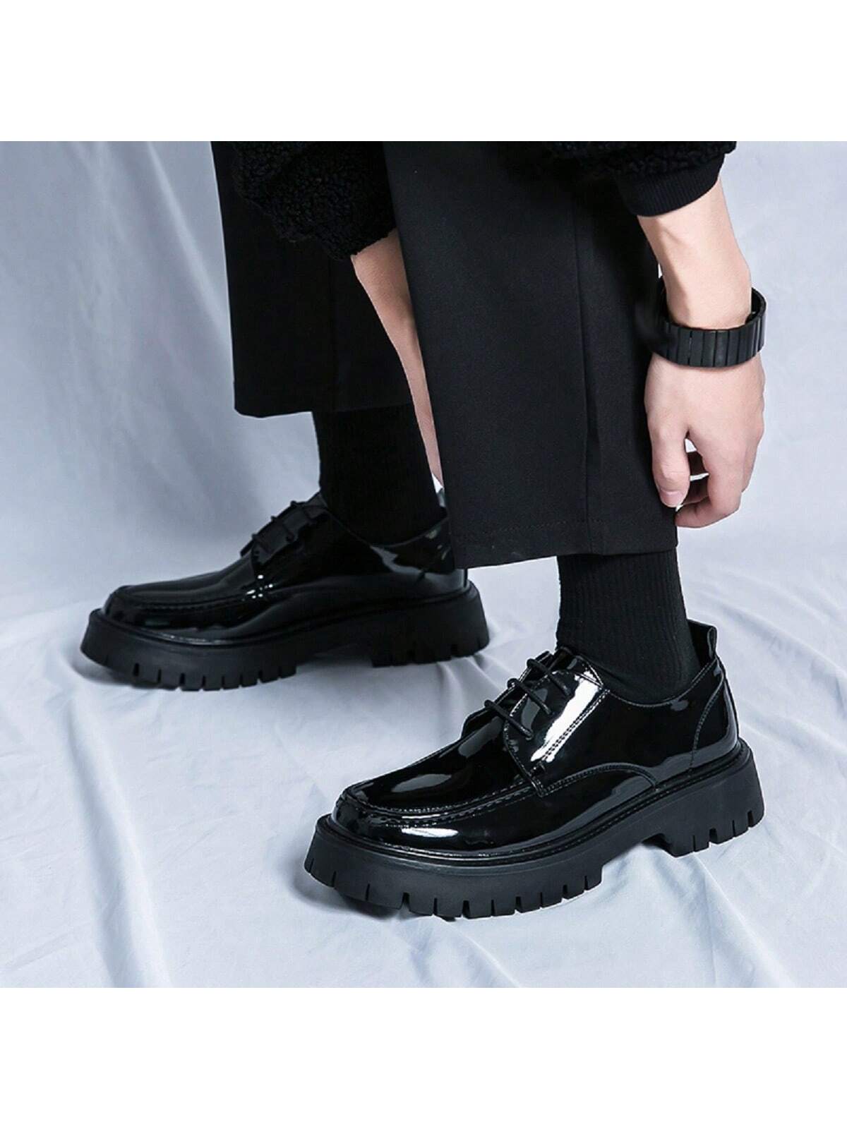 Мужские кожаные туфли на высоком каблуке с толстой подошвой, черный мужские кожаные деловые туфли на шнуровке для офиса черный