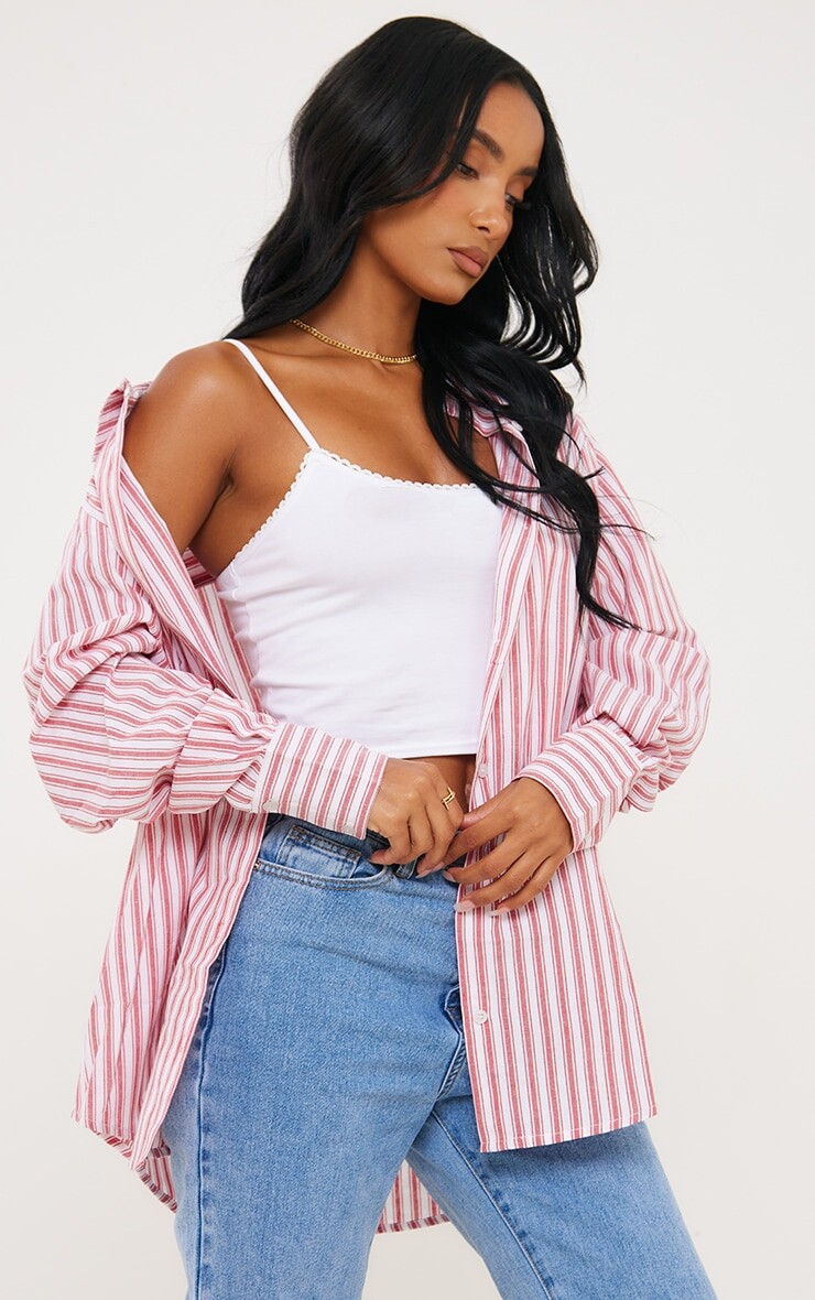 

PrettyLittleThing Розовая льняная рубашка оверсайз в полоску
