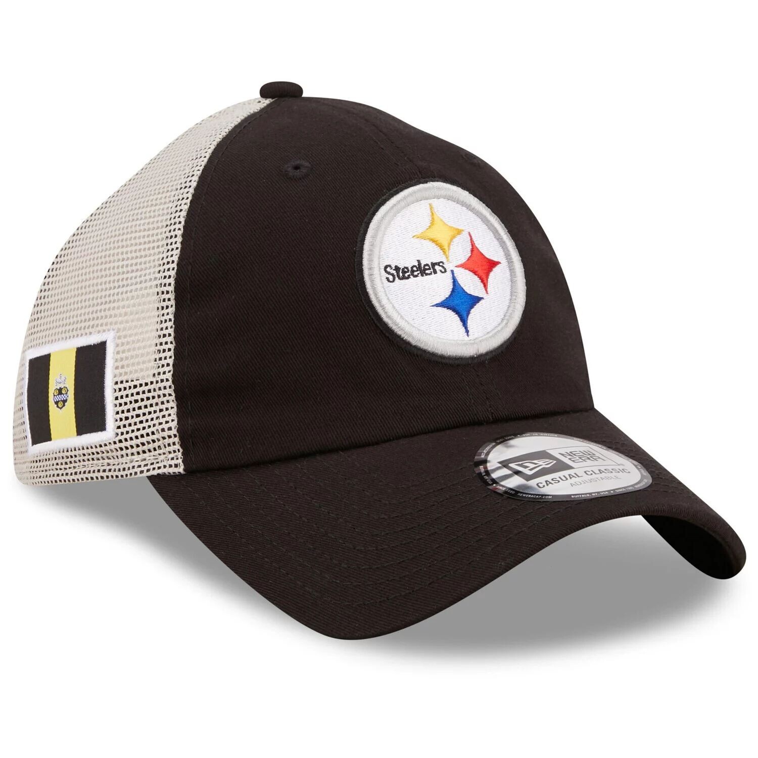 

Мужская черно-белая кепка New Era Pittsburgh Steelers Flag 9TWENTY Trucker Snapback