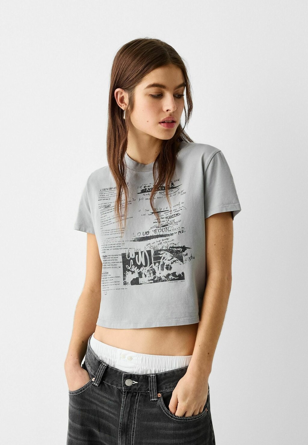 

Футболка с принтом Short Sleeve Bershka, цвет mottled light grey