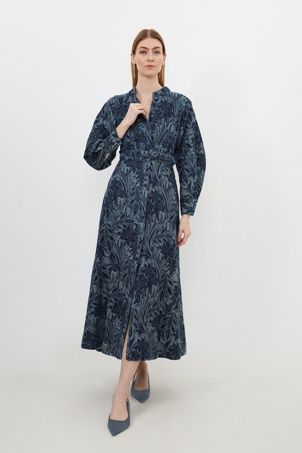 Миниатюрное джинсовое жаккардовое тканое платье миди с цветочным принтом Karen Millen, синий