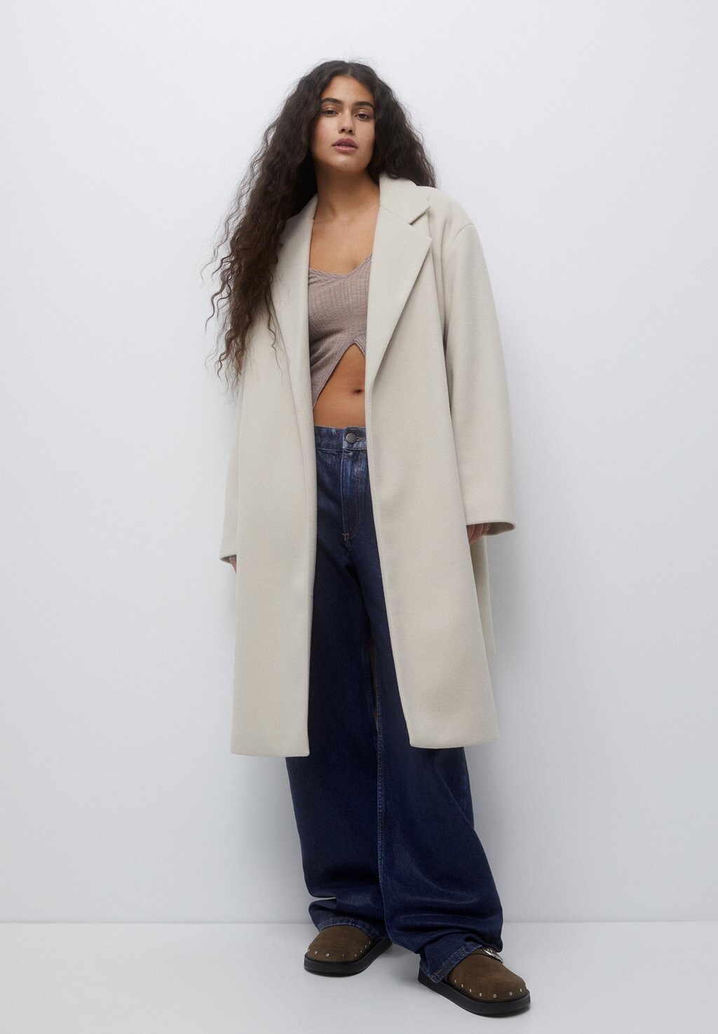 

Пальто классическое Texture With Belt PULL&BEAR, бежевый
