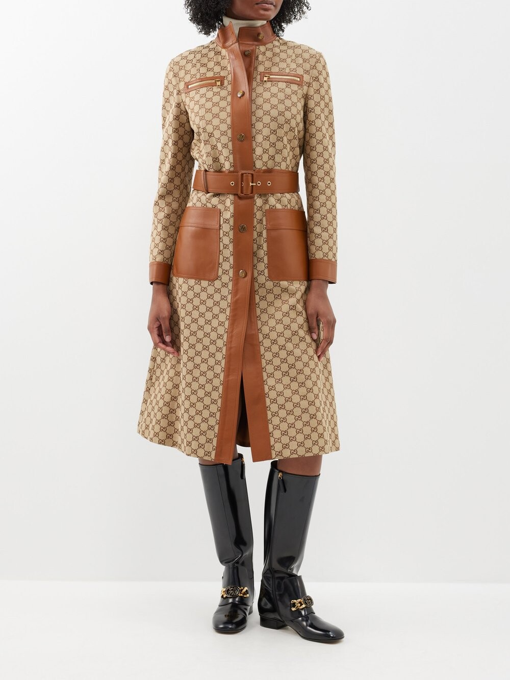 

Тренч с кожаной отделкой и узором gg Gucci, бежевый