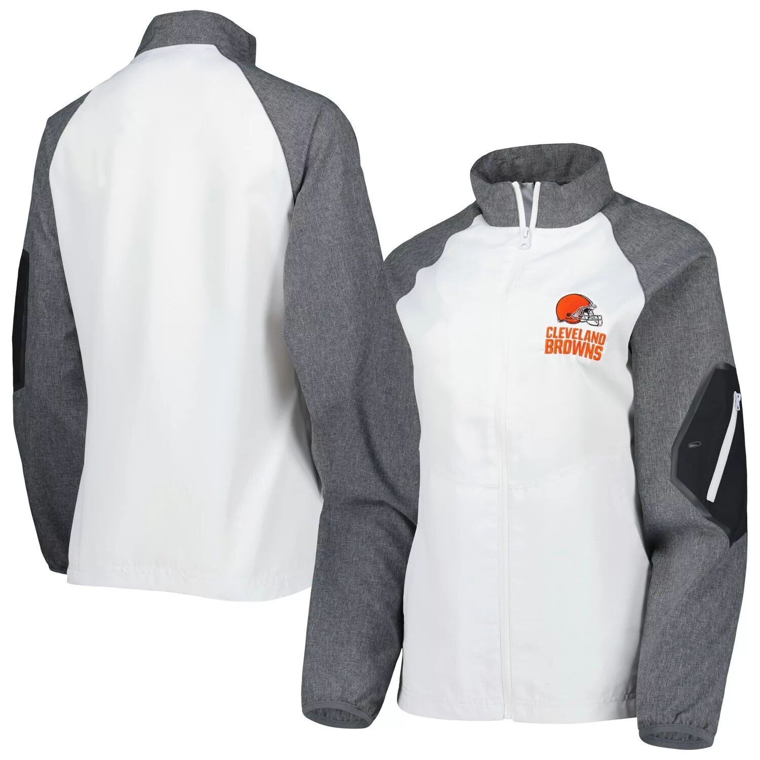 

Женская ветровка с молнией во всю длину Dunbrooke белого/серого цвета Cleveland Browns Hurricane Raglan