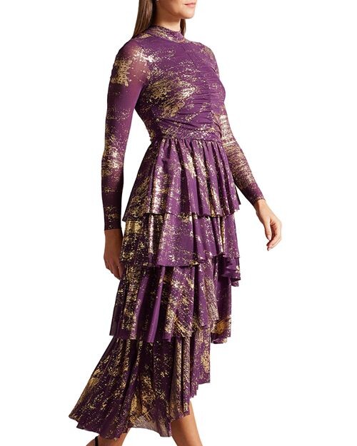 

Платье миди из сетки с высоким/низким вырезом и водопадом Ted Baker, цвет Purple