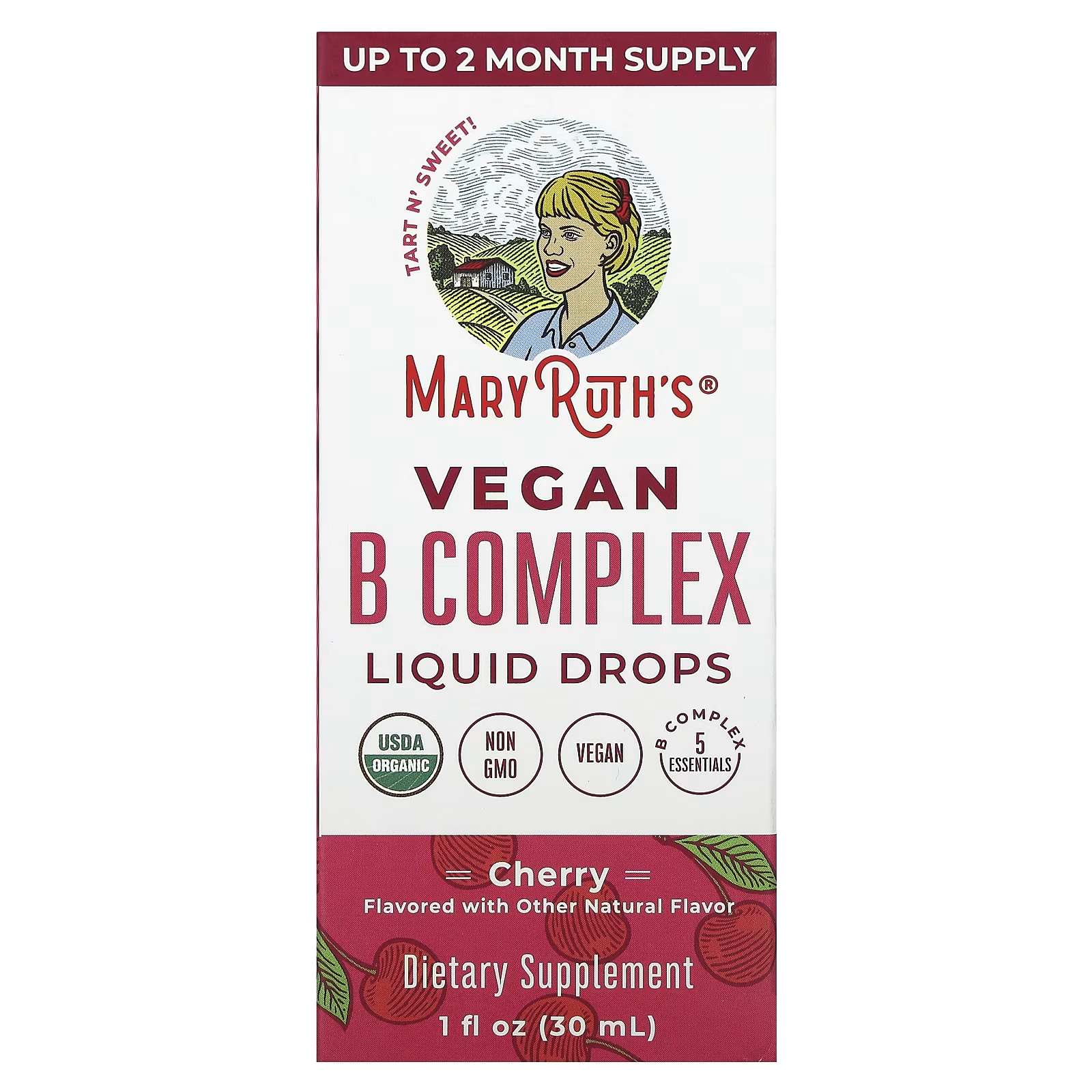 MaryRuth's Vegan B Complex Liquid Drops Cherry 1 жидкая унция (30 мл) maryruth organics vegan b complex liquid drops вишня 30 мл 1 жидк унция