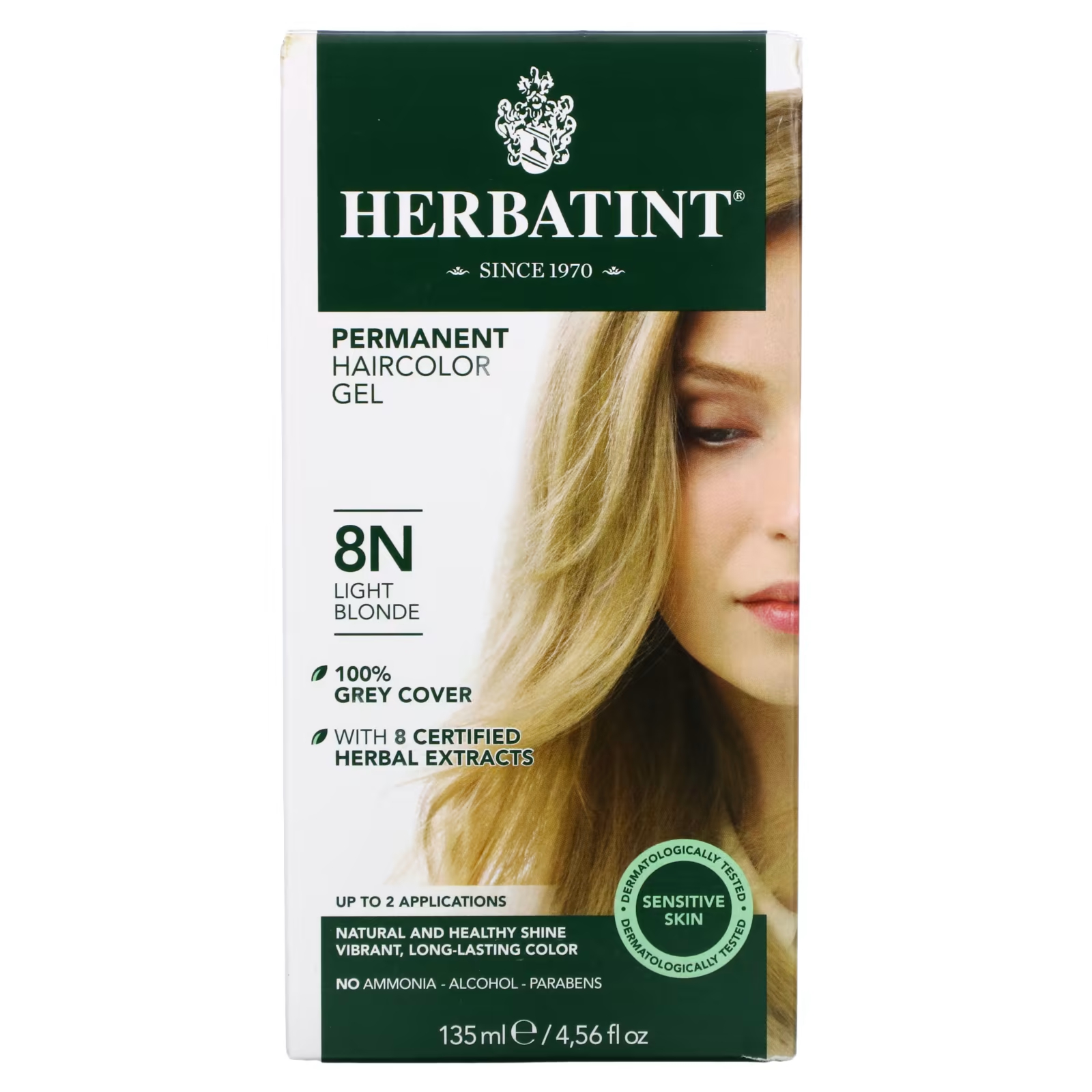 Перманентная гель-краска для волос Herbatint 8N светлый блондин, 135 мл