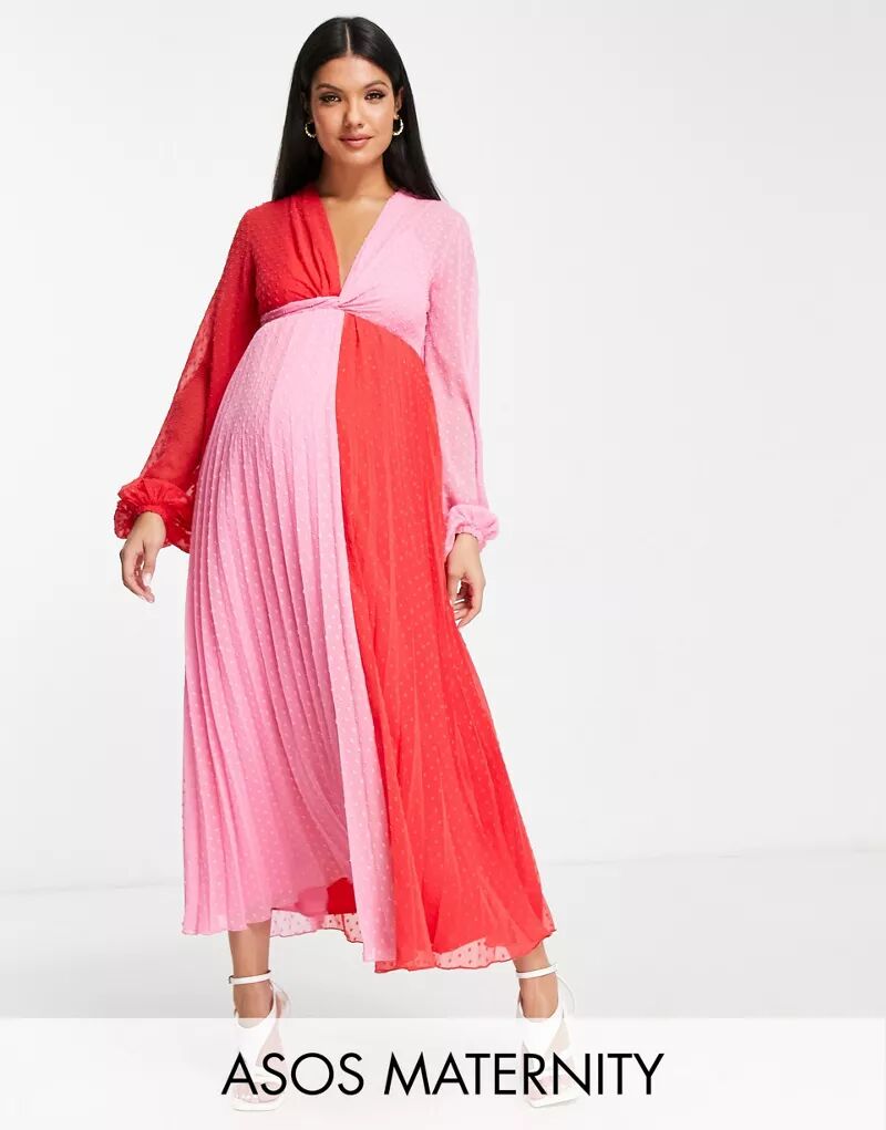 Красное и розовое плиссированное платье миди в стиле колор-блок с перекрученным передом в горошек ASOS DESIGN Maternity stendhal rot und schwarz