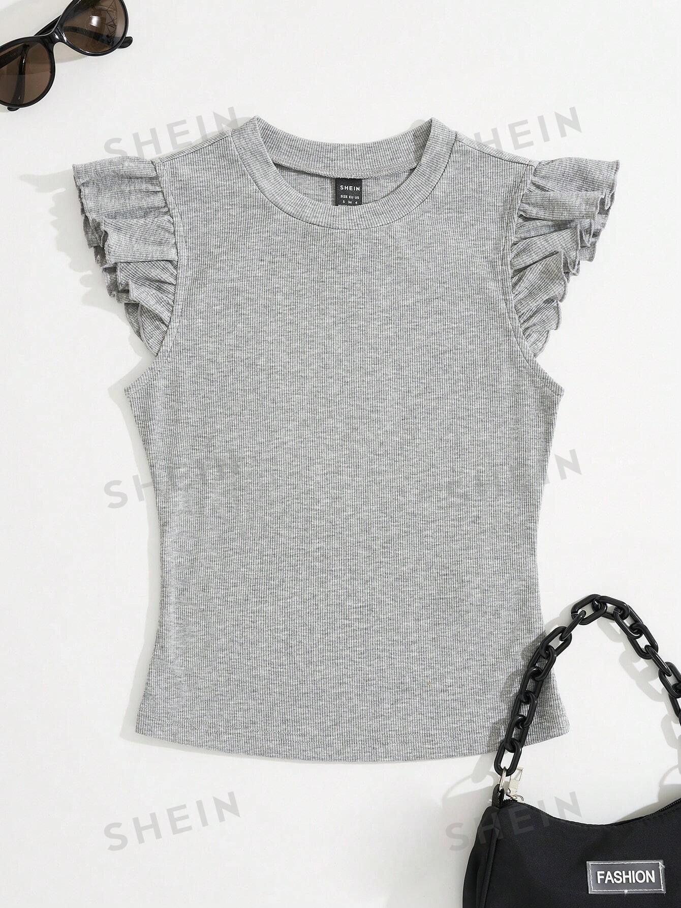 SHEIN WYWH трикотажная однотонная женская футболка с круглым вырезом и короткими рукавами, серый