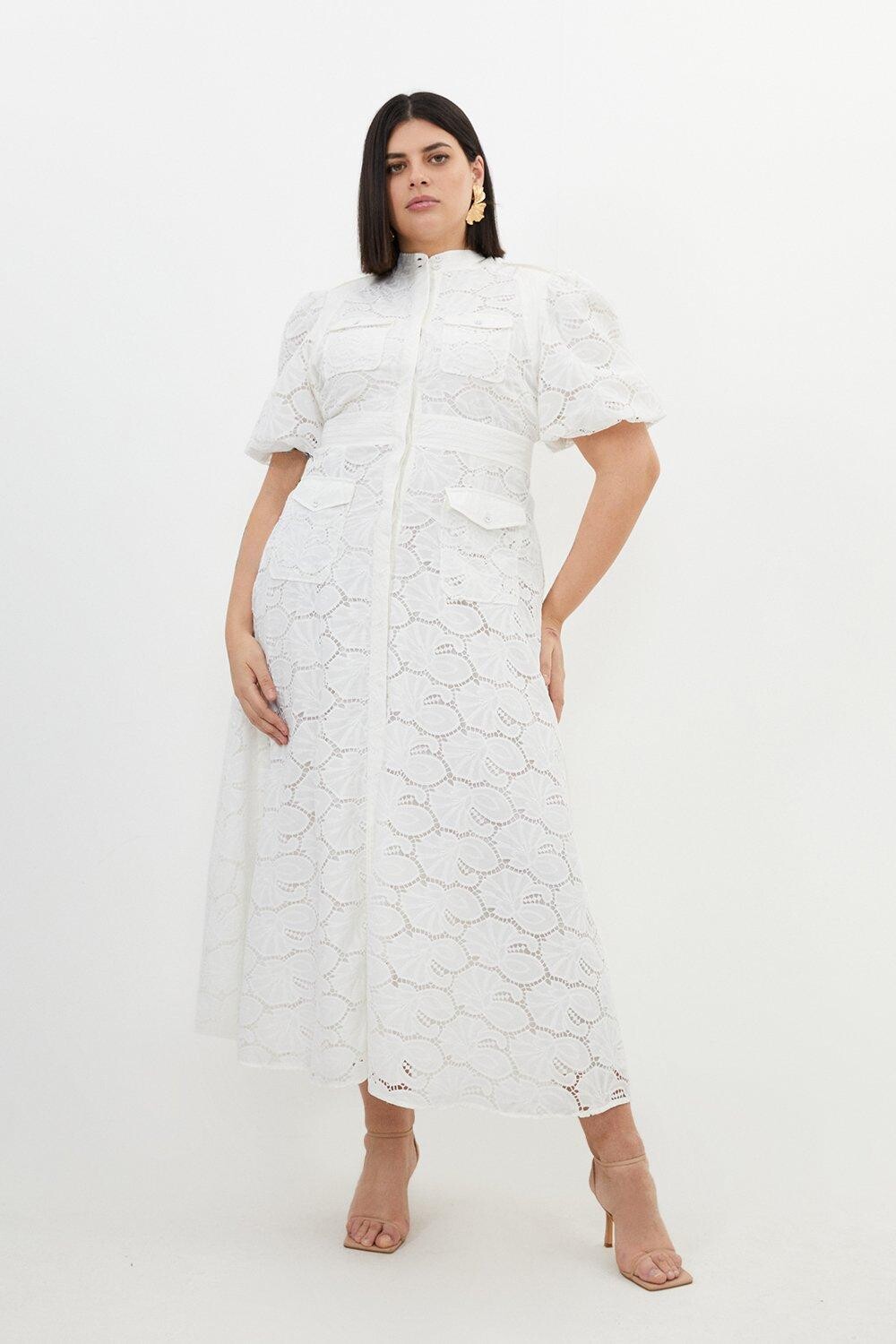 

Хлопковое тканое платье размера плюс с ажурной вышивкой Karen Millen, белый