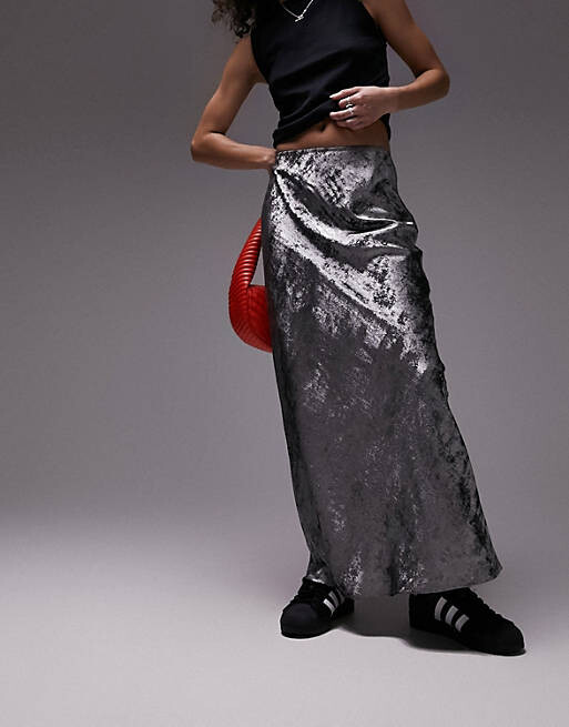 

Серебристая юбка макси с эффектом металлик Topshop