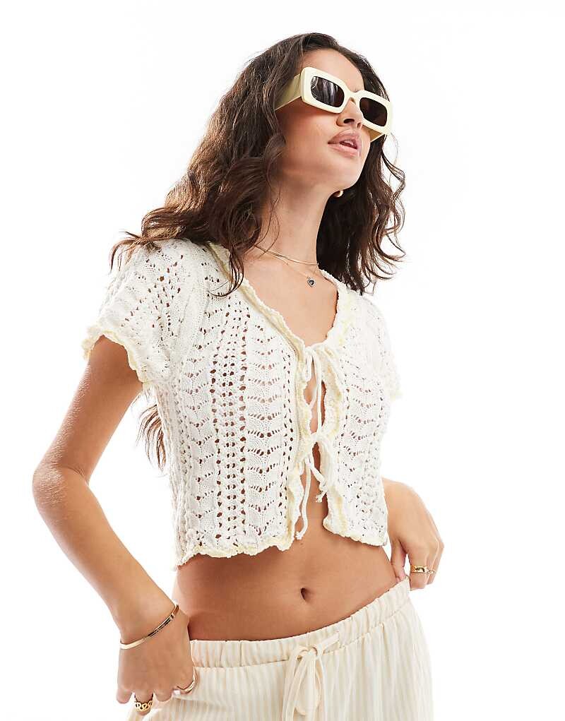 

ASOS DESIGN – Нежно-желтый кардиган Pointelle со шнуровкой спереди