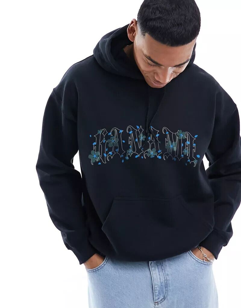 

Черная толстовка оверсайз с цветочным текстовым принтом ASOS