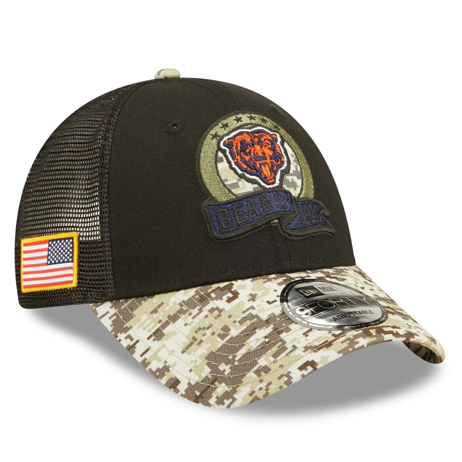 

Мужская кепка New Era Black/Camo Chicago Bears 2022 Salute To Service 9FORTY Snapback Trucker Hat