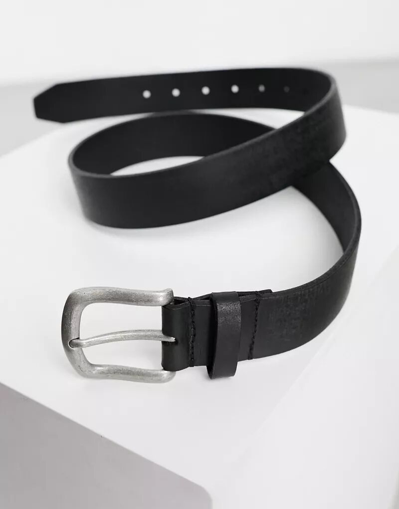 Винтажный черный кожаный ремень ASOS с полированной серебряной пряжкой