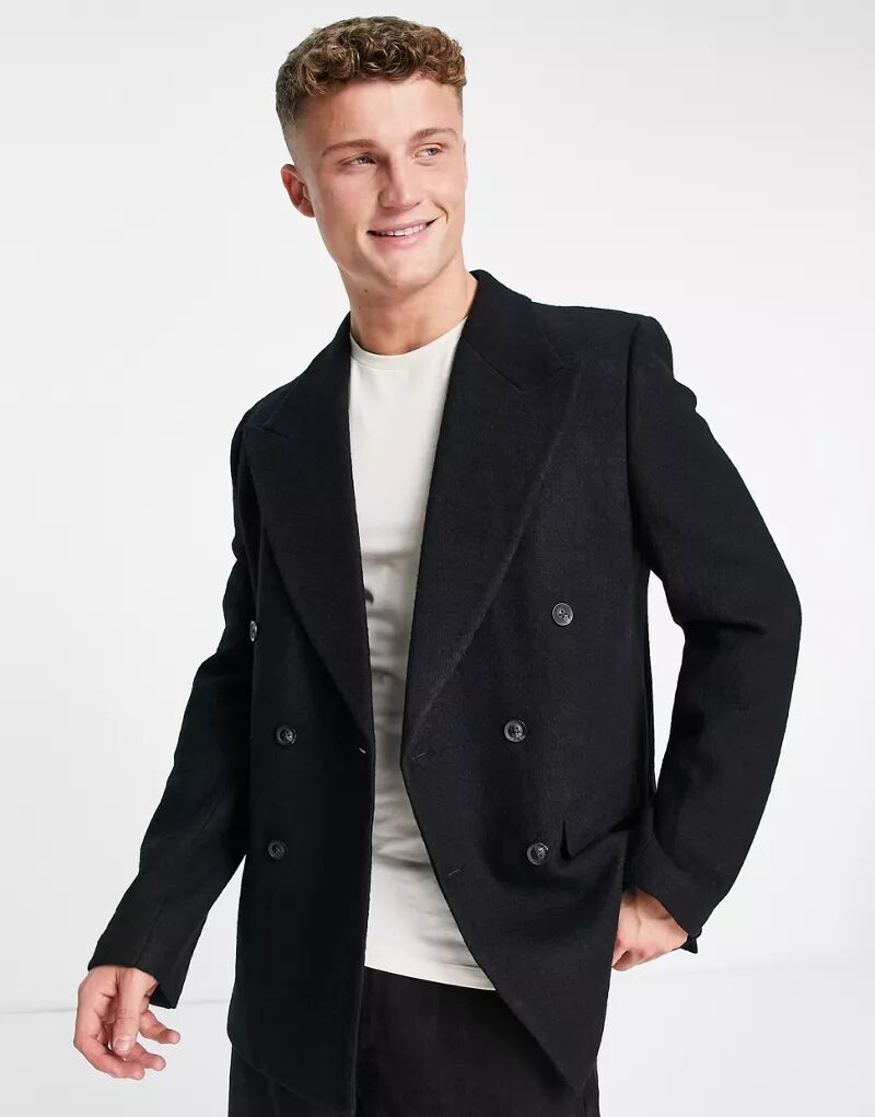 Черный двубортный узкий пиджак тедди из смесовой шерсти на четырех пуговицах Topman