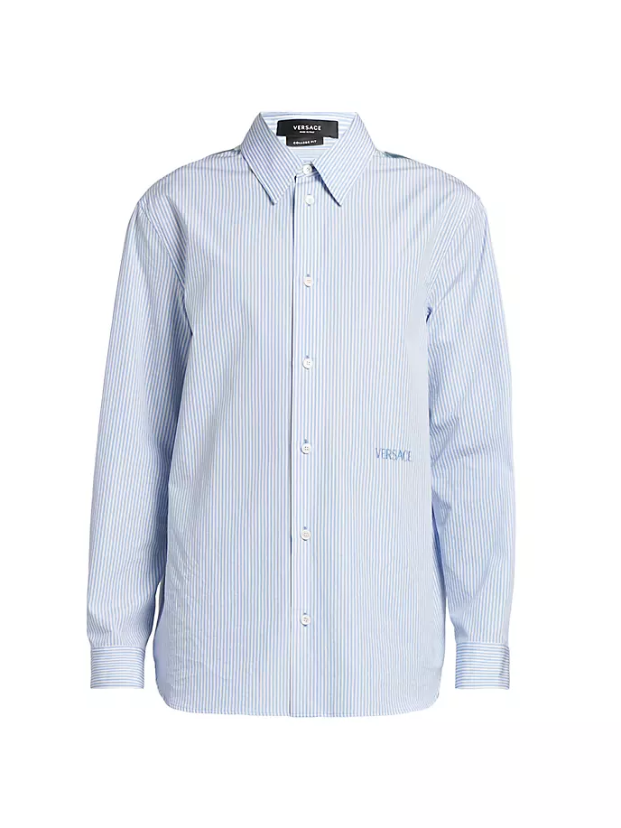 

Хлопковая рубашка в тонкую полоску с вышивкой Versace, цвет light blue ivory