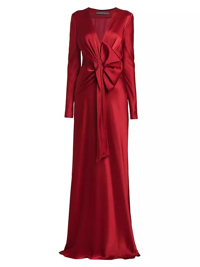 

Атласное платье со сборками и длинными рукавами Alberta Ferretti, красный