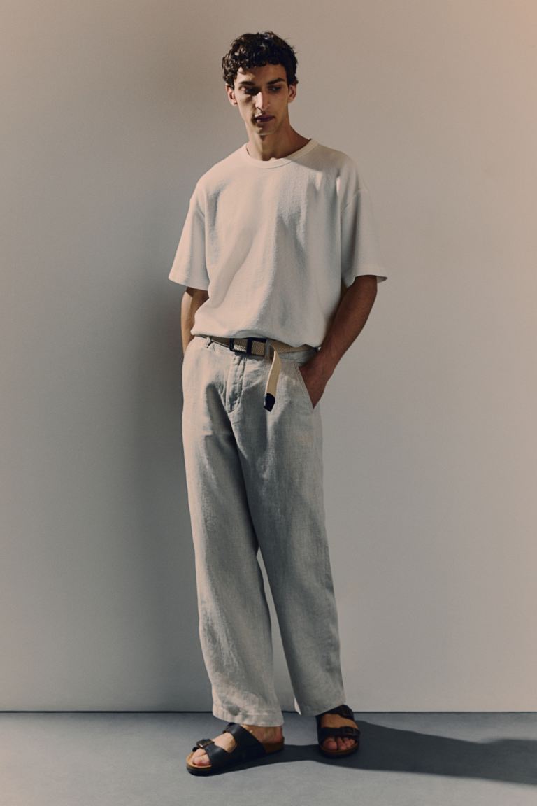 Льняные брюки свободного кроя H&M, бежевый сарафан polus club лен повседневный свободный силуэт макси карманы размер 54 оранжевый
