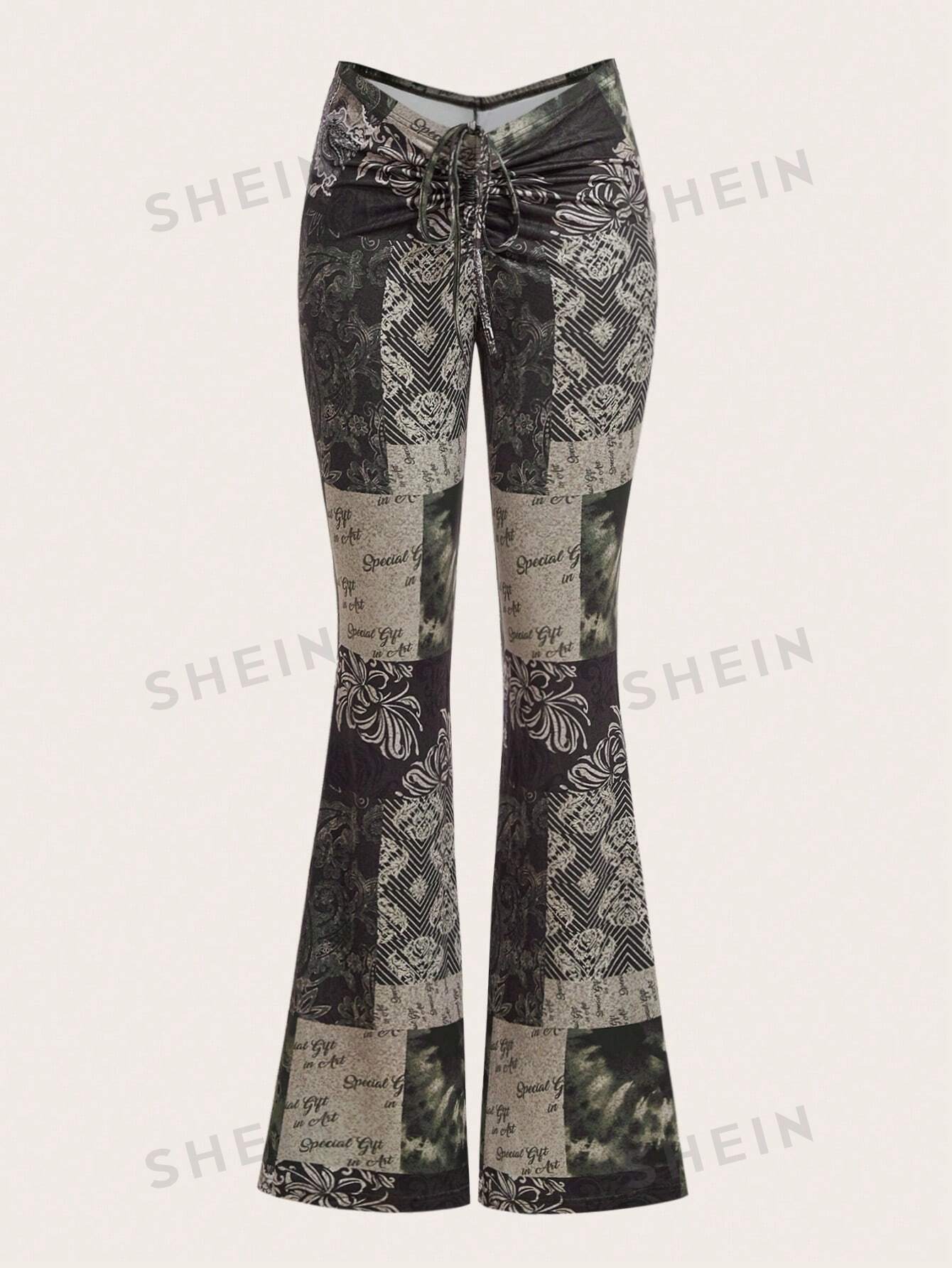 SHEIN ICON Расклешенные брюки с низкой посадкой и принтом в стиле пэчворк, зеленый женские расклешенные брюки на шнурке 3 цвета