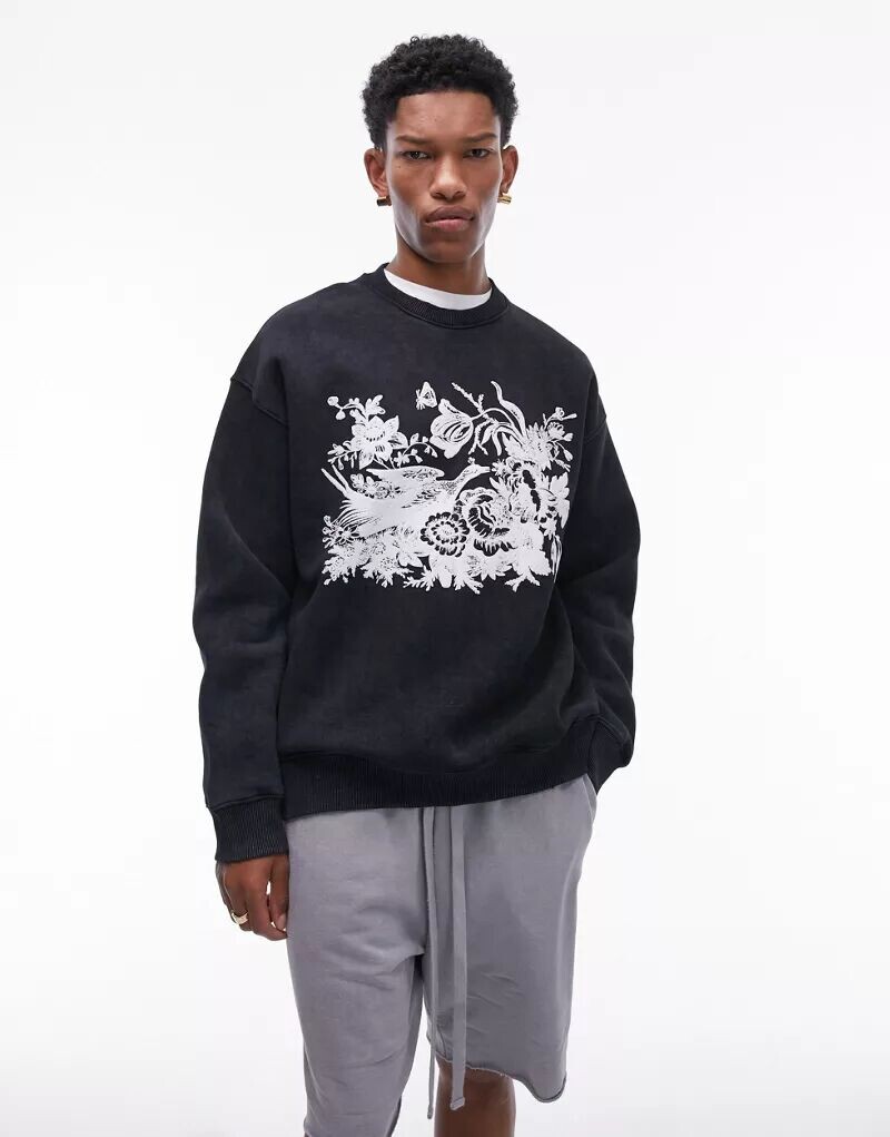 

Черная толстовка оверсайз Topman с принтом фазана