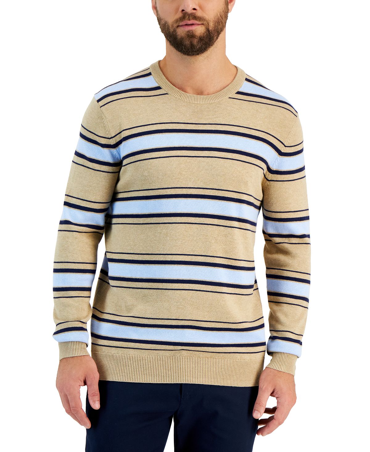 Мужской свитер с круглым вырезом в приподнятую полоску и длинными рукавами Club Room koan knitwear свитер с круглым вырезом и узором из кос белый