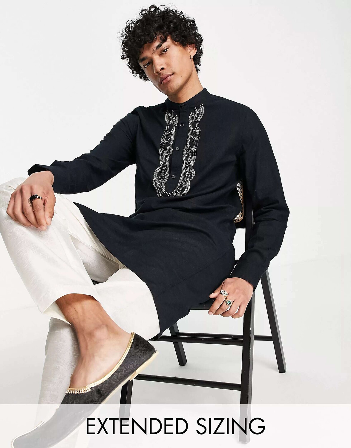 

Черная удлиненная льняная рубашка с ручным декором ASOS kurta