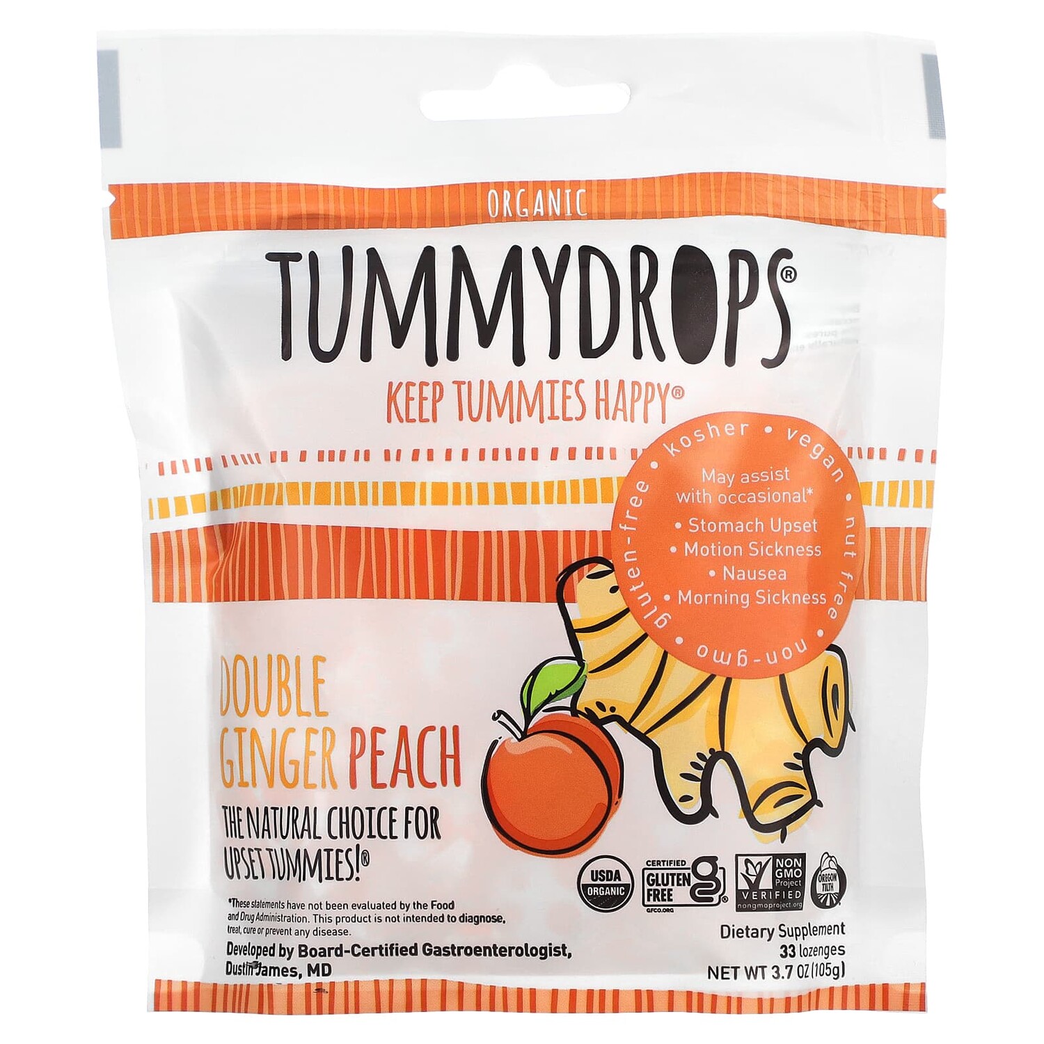 

Органический имбирь и персик, 33 пастилки, 105 г (3,7 унции), Tummydrops