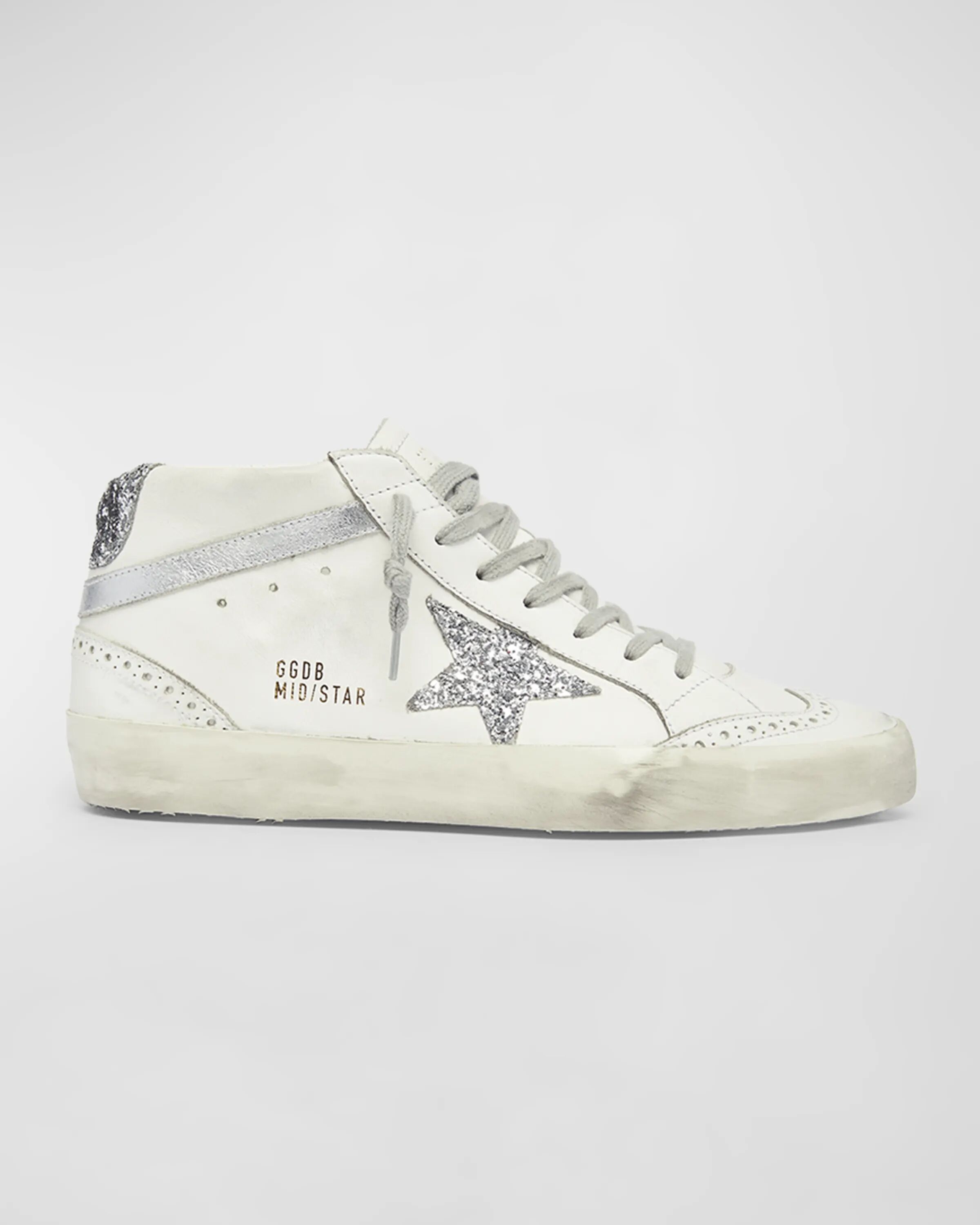 

Классические кожаные кроссовки с блестками Mid Star Golden Goose, цвет White Silver