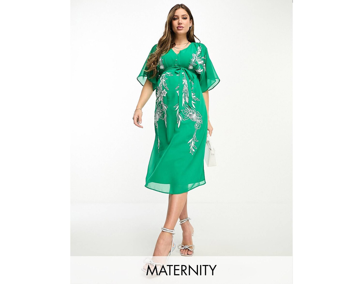 

Зеленое платье миди с глубоким вырезом и вышивкой Hope & Ivy Maternity, Зеленый