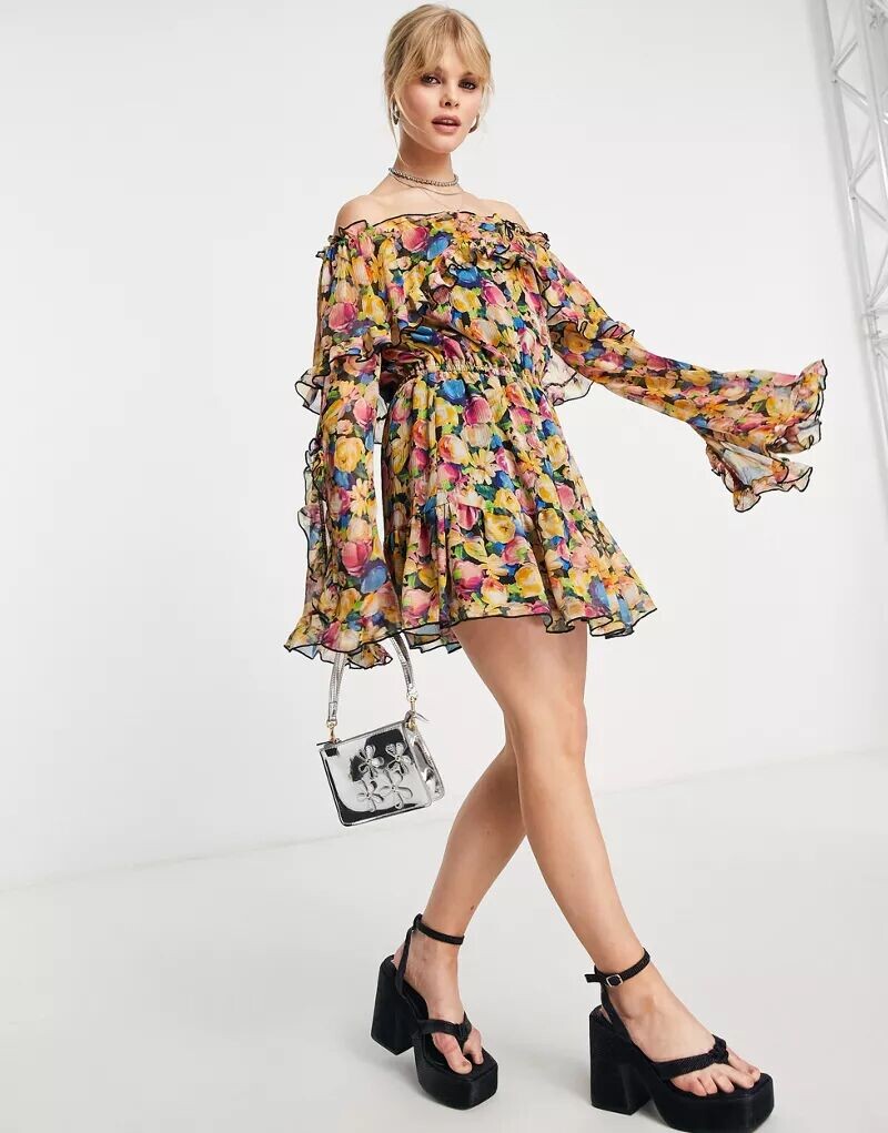 

Яркое платье мини с оборками и бардо Topshop, Коричневый