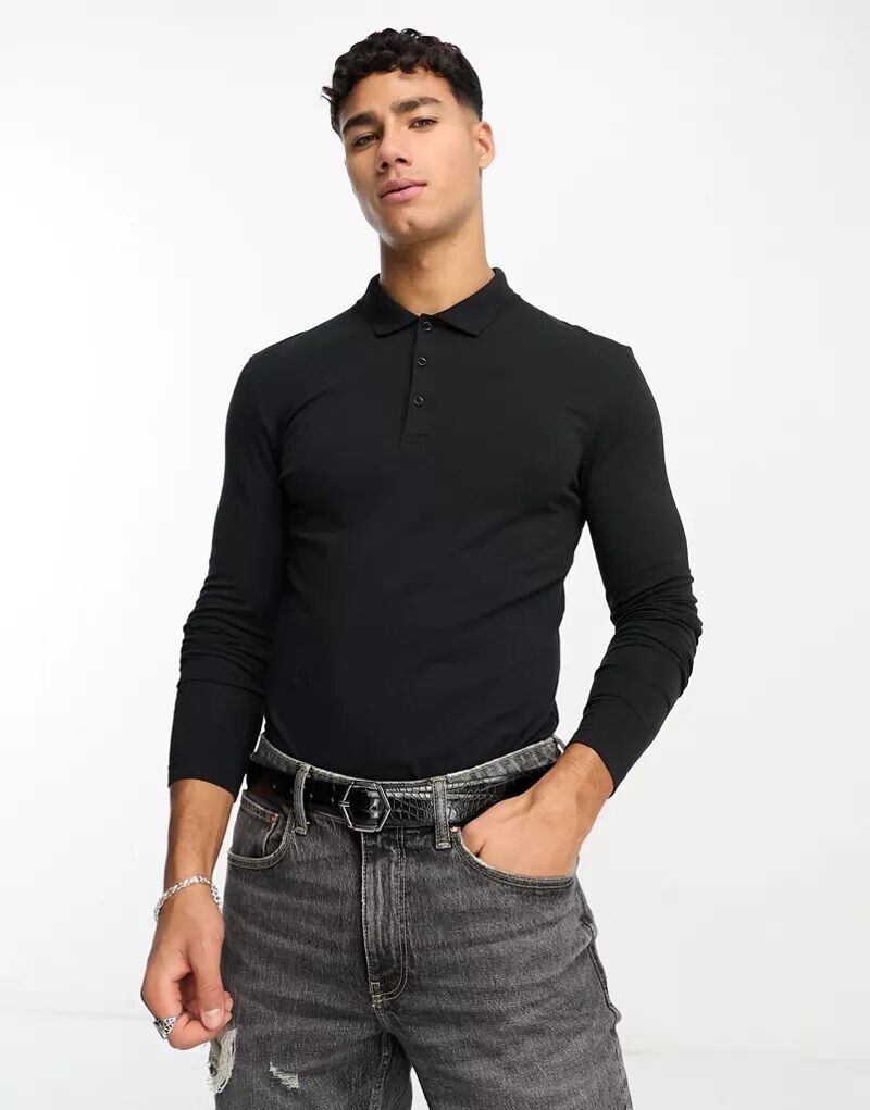

Черная футболка-поло с длинными рукавами ASOS