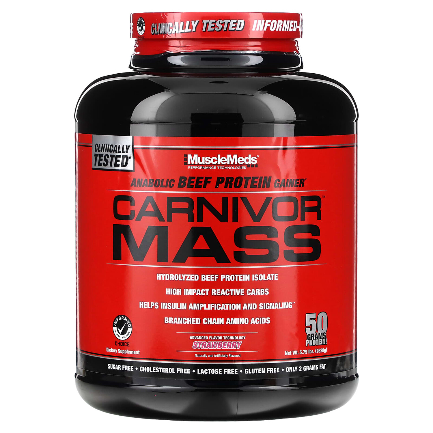 

Carnivor Mass, анаболический гейнер с говяжьим протеином, клубничный вкус, 2698 г (5,79 фунта), MuscleMeds