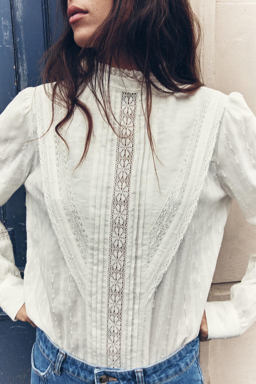 Романтическая блузка с кружевной отделкой ZARA, экрю комбинированная рубашка с кружевной отделкой zara экрю