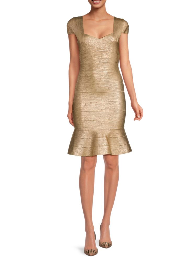 цена Платье в форме сердца с эффектом металлик Hervé Léger, цвет Gold Foil