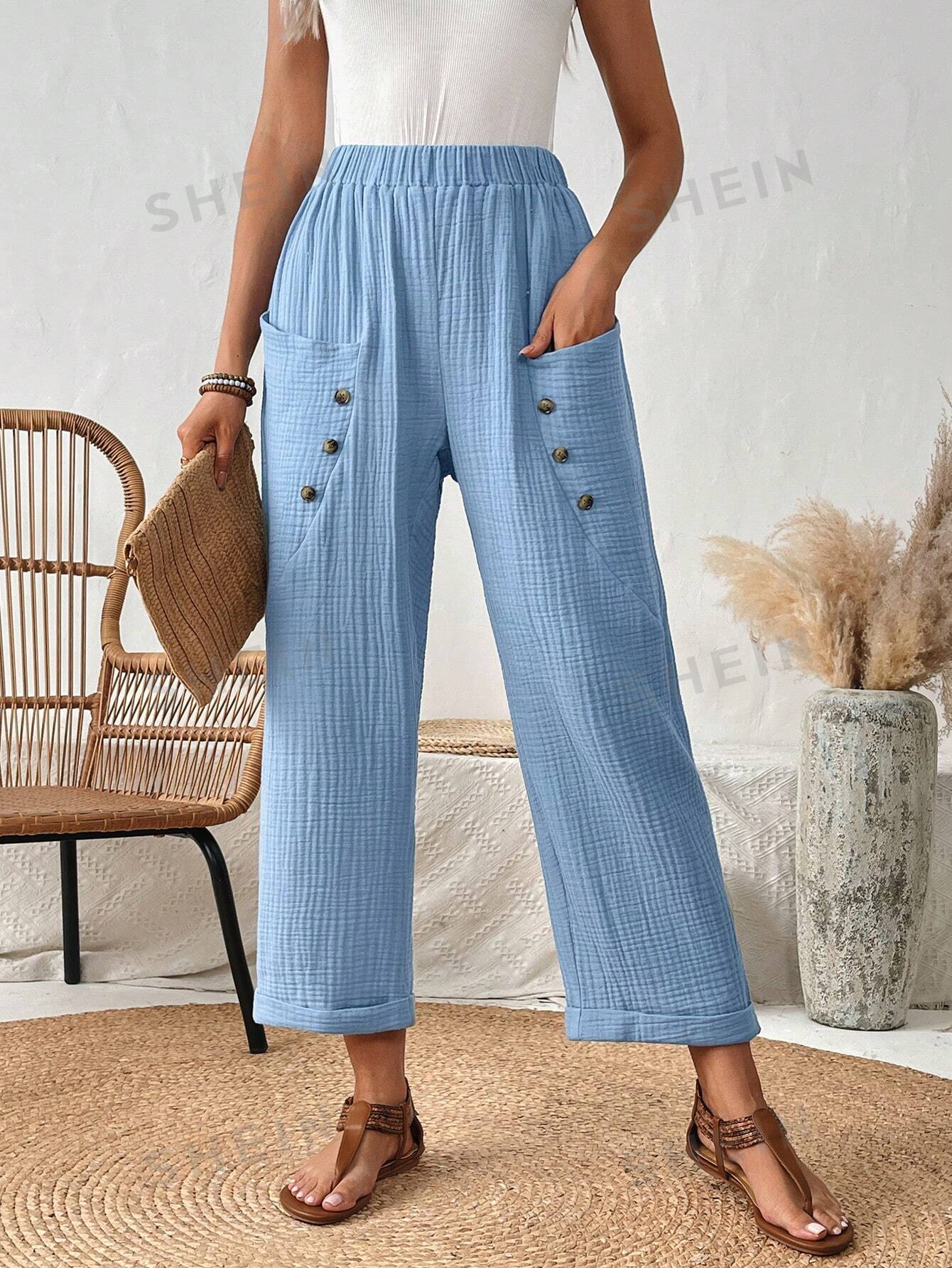 SHEIN LUNE Женские повседневные длинные брюки с двойными карманами и эластичной резинкой на талии, синий фото