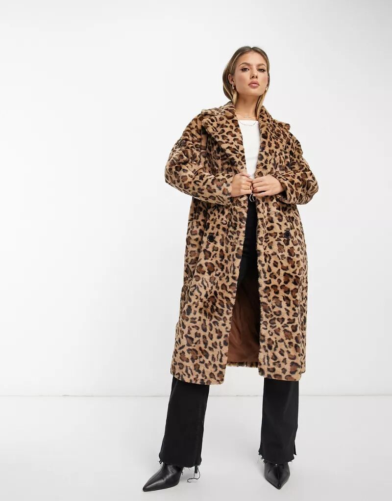 Коричневое двубортное пальто из искусственного меха Helene Berman с леопардовым принтом