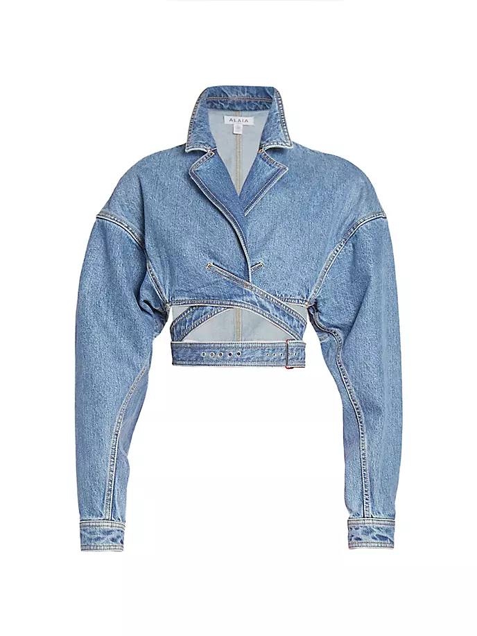 

Джинсовая укороченная куртка с запахом и поясом Alaïa, синий
