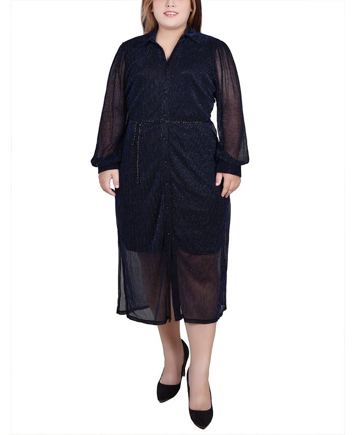 Плиссированное сетчатое платье больших размеров с длинными рукавами и поясом NY Collection, синий цена и фото