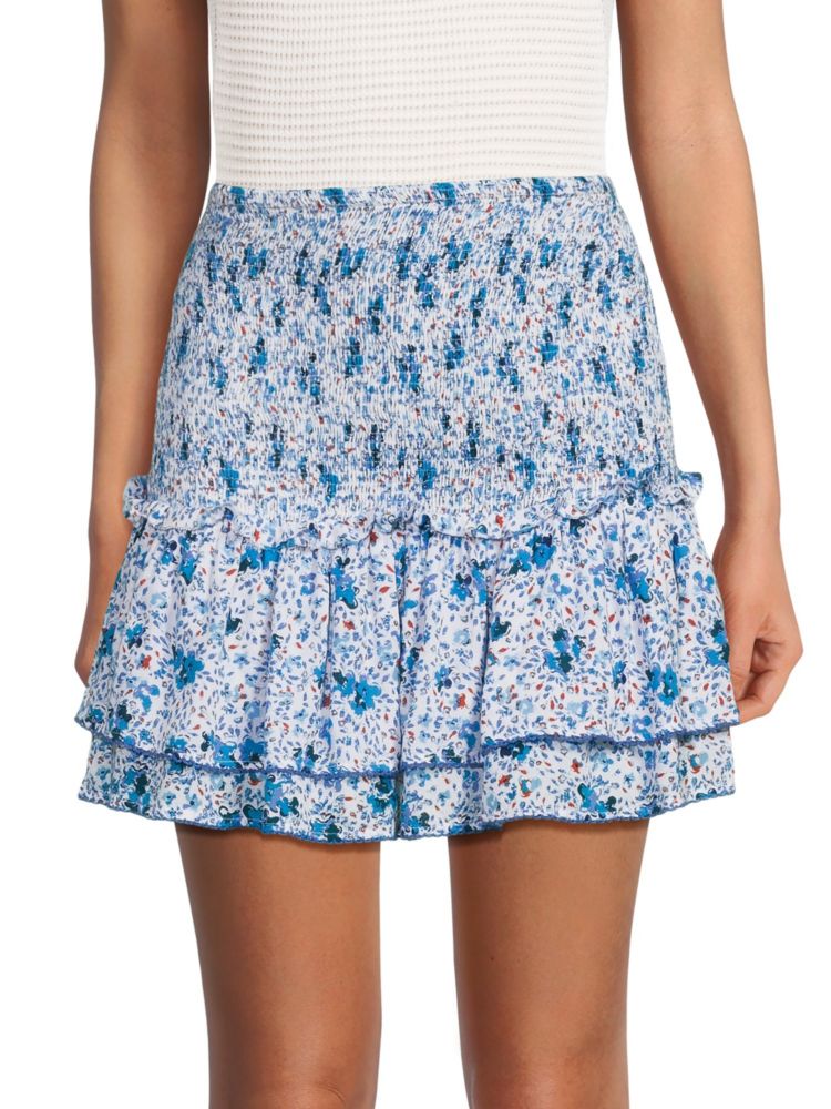 Мини-юбка со сборками с цветочным принтом Poupette St Barth, цвет White Blue