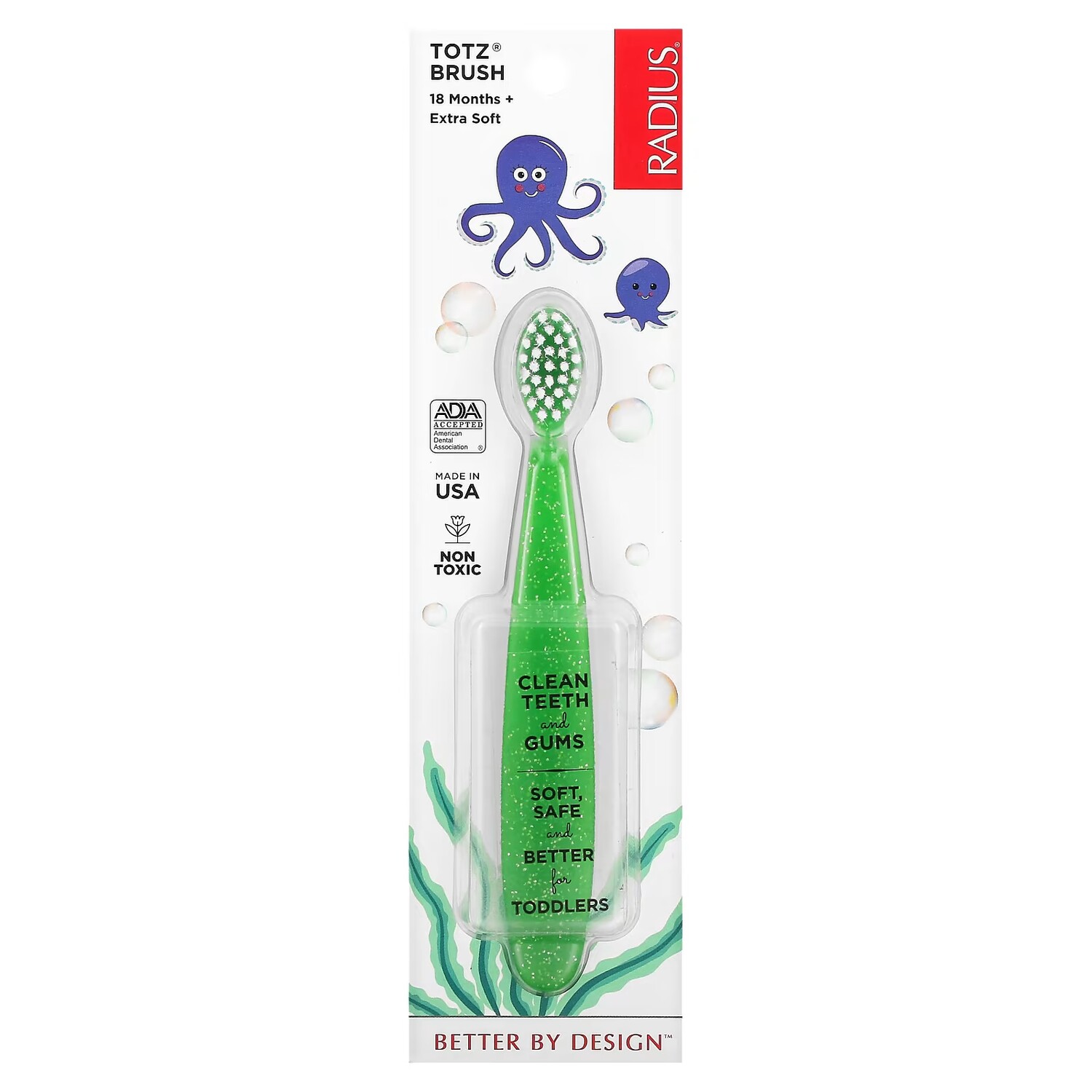 

Зубная щетка RADIUS Totz 18+ месяцев Extra Soft Green Sparkle 1 Зубная щетка