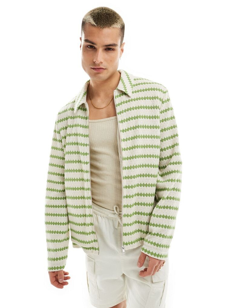 

ASOS DESIGN – куртка Харрингтон в зелено-бежевую текстурированную полоску