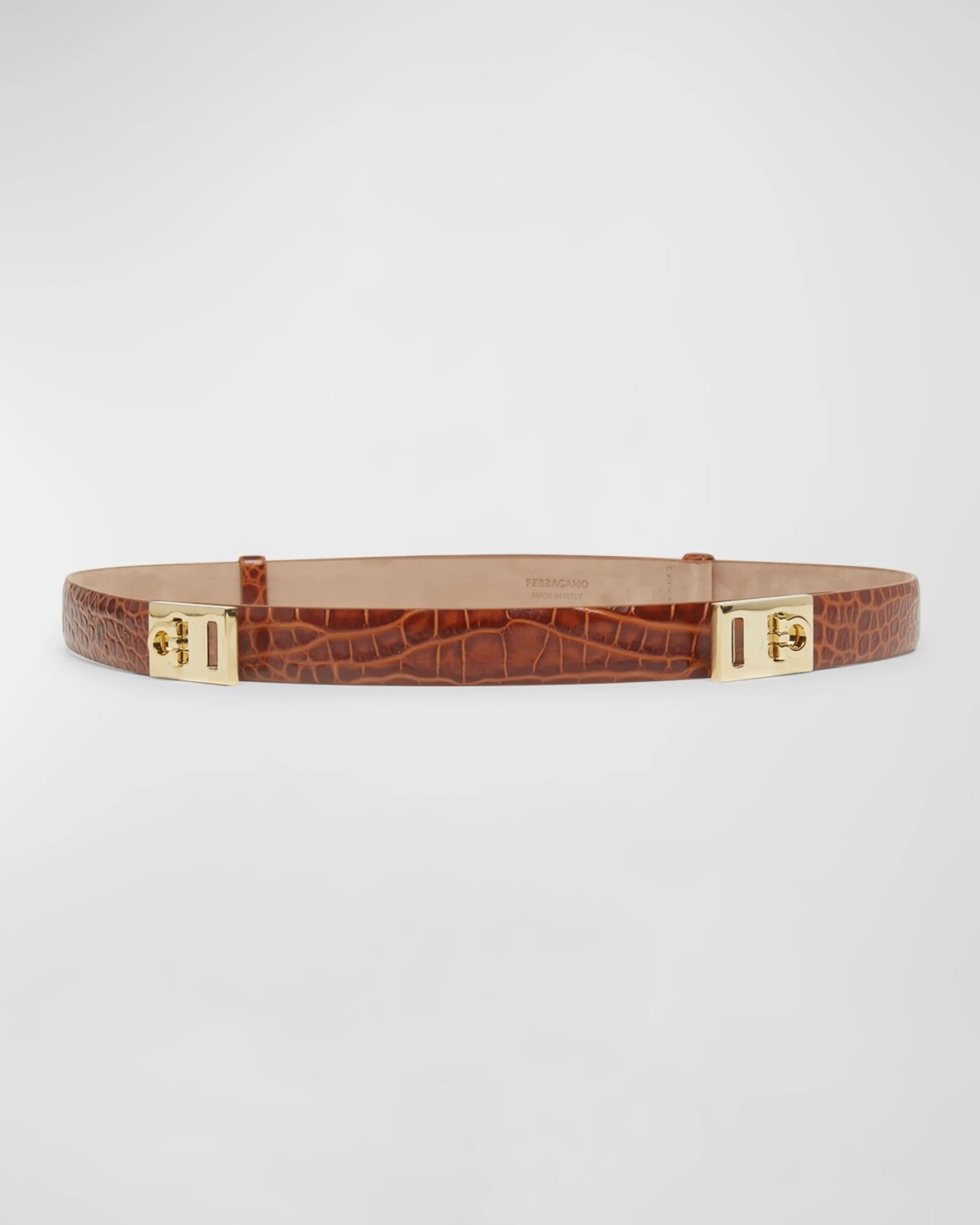 

Двойной кожаный ремень Gancini с тиснением под крокодила Ferragamo, цвет Cognac Naturale Beige Tortora