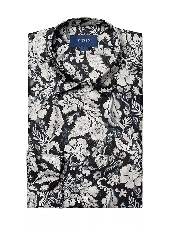 Шелковая классическая рубашка узкого кроя с цветочным принтом Eton, синий