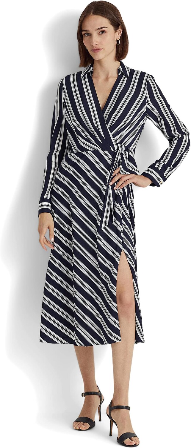 

Платье миди из крепа в полоску с завязкой спереди Petite LAUREN Ralph Lauren, цвет Navy/White