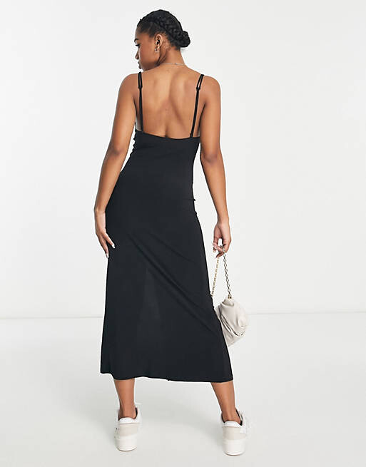 

Черное платье миди с разрезом на бедрах Pull&Bear