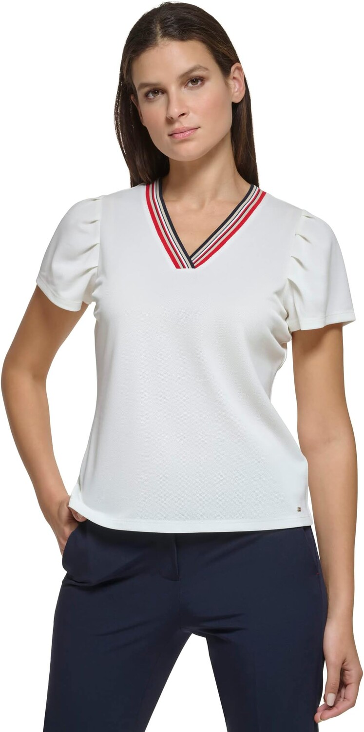 

V-образный вырез с короткими рукавами и буфами Tommy Hilfiger, слоновая кость