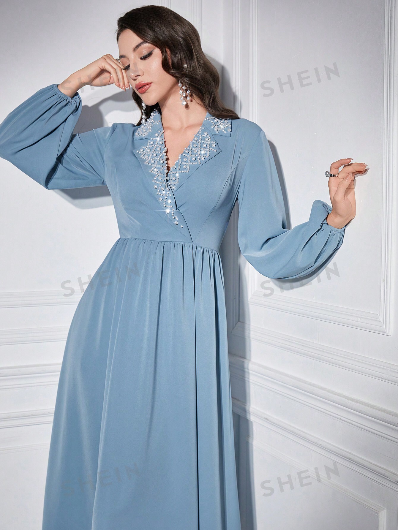 SHEIN Modely Женское платье прямого кроя с рукавами-фонариками и бисером, синий женское классическое платье во французском стиле с рукавами фонариками